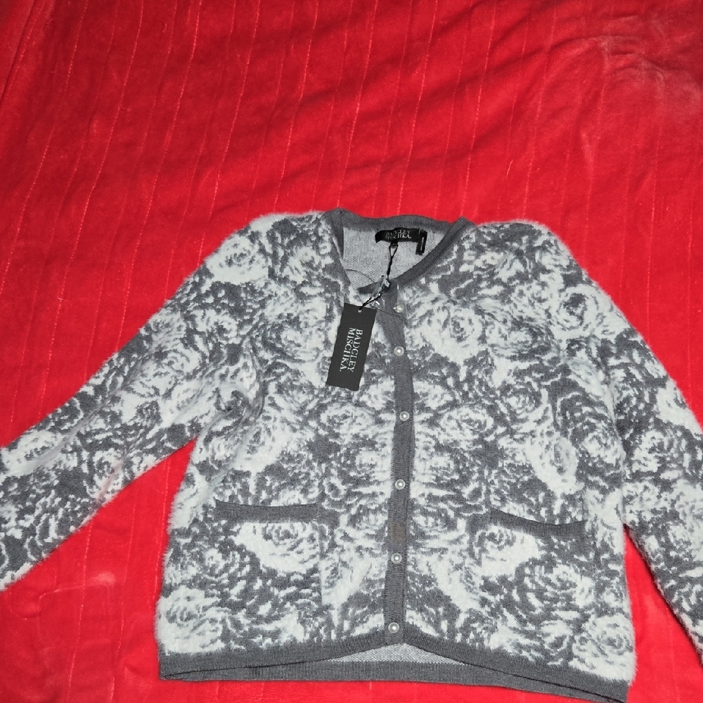 Badgley Mischka Gray and White Patterned Cardigan